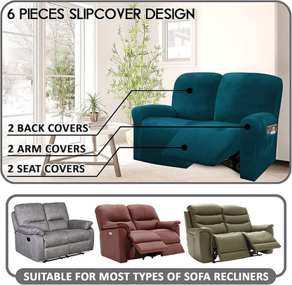 ULTICOR Reclining Love Seat Slipcover, 48" - 65" L, 6-Piece Velvet Stretch Loveseat Reclining Sofa Covers, 2 seat Love seat Recliner Cover, Thick, Soft, Washable (Deep Teel)