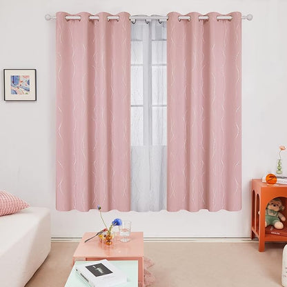 Deconovo Pink Curtains, Blackout Drapes, Thermal Insulated Soundproof Curtain, Silver Wave Dots Print, 52 x 72 Inch Long, Machine Washable Window Panels for Girls Bedroom Living Room Nursery, Set of 2