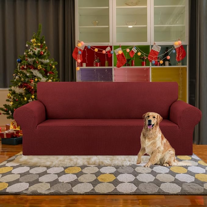 KEKUOU Stretch Sofa Cover Slipcover ，Couch Covers for 3 Cushion Couch Sofa pet Friendly (78"-94") Furniture Protector Sofa with Elastic Bottom for Kids,Dog, Jacquard Small Checked(Large,Dark Red)