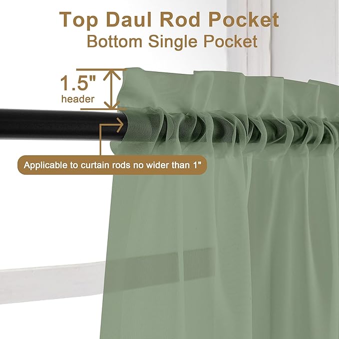 Chyhomenyc Extra Long Sage Green Voile Sheer Curtains 120 Inches Long 2 Pack, Window Drapes for Wedding Arch/Birthday Party/Hallway Window Guest Room Country House, 42Wx120L inch, 10FT L