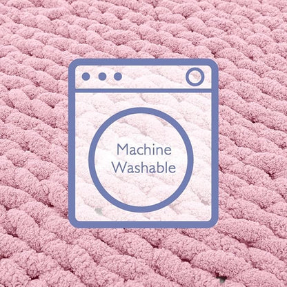 Bigacogo Chunky Knit Throw Blanket for Couch, 40x40 inches, 100% Hand Knitted with Thick Jumbo Chenille Yarn, Cozy Soft Large Rope Knot Cable Crochet Blankets for Sofa Bed Living Room, Blush Pink