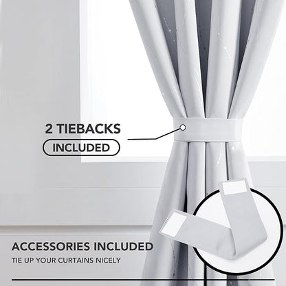 Deconovo Room Darkening Curtains, Greyish White Curtain, Thermal Insulated Noise Reduced Drapes, Silver Wave Dots Print, 52 x 63 Inch Long, Machine Washable Window Panels for Kitchen Bedroom, Set of 2