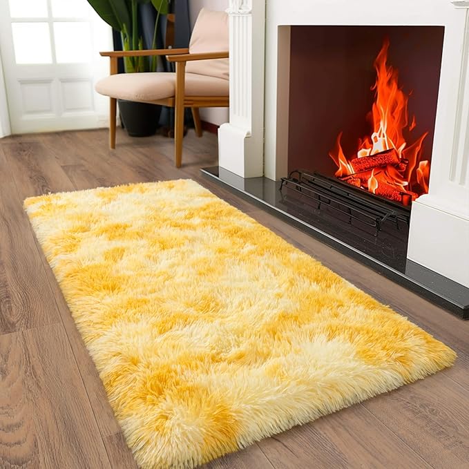 Soft Runner Rugs for Bedroom Hallways, 2x4 Tie-Dyed Yellow Fluffy Shag Throw Area Rug Non Slip for Bedside Dorm, Long Shaggy Furry Carpet for Nursery Living Room