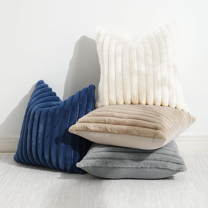 decorUhome Cozy Faux Fur Throw Pillow Covers 22x22 Set of 2 Decorative Soft Plush Striped Modern Farmhouse Boho Couch Euro Sham Pillow Cases with Velvet Back for Sofa Bed Living Room, Blue