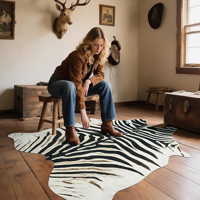 AROGAN Western Faux Fur Zebra Rug, 6.2x7 Feet Premium Animal Skin Print Rug, Sturdy Faux Zebra Hide Rugs for Wall Decor, Western Floor Carpet for Bedroom Living Room, Black and White