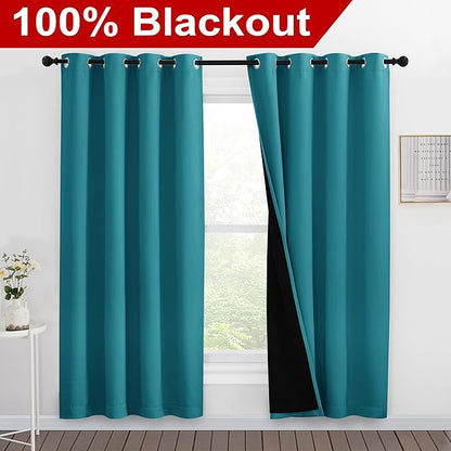 NICETOWN 100% Blackout Window Curtain Panels, Full Light Blocking Drapes with Black Liner for Nursery, 78-inch Drop Thermal Insulated Draperies (Peacock Teal, 2 Pieces, 55-inch Wide Per Panel)