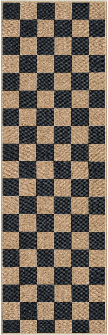 Lahome Colette Checkered Easy Jute Runner Rug, 2x8 Kitchen Rug Non Slip Washable Outdoor Runner for Entryway Indoor, Checkerboard Black Indoor Outdoor Carpet for Hallway 8ft Entry