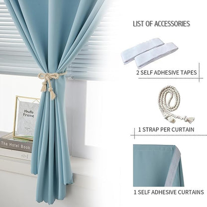 Self Adhesive Curtains, Portable Blackout Curtains Fabric Curtains for Living Room No Drilling, 47" W X 96" L, Lake Blue, 1 Panel