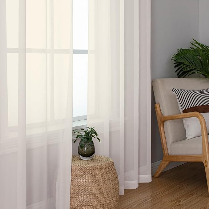OVZME 2 Panels Cream Sheer Curtains 54 Inches Length Window Treatment for Kitchen, Elegant Airy Transparent Curtain Dual Rod Pocket for Kids Living Room, Each 42 Width 45 Length