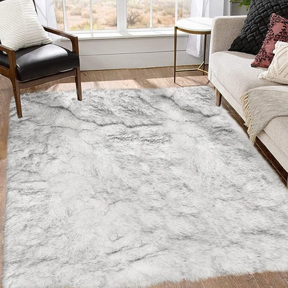 Goolela Sheepskin Area Rug 8x10 Fluffy Fuzzy Furry Carpet for Living Room Bedroom Faux Fur Plush Rectangle - White and Grey Tips