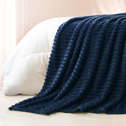 Exclusivo Mezcla California King Size Flannel Fleece Blanket, Super Soft Striped Jacquard Bed Oversized Blanket, Lightweight Fuzzy Cozy for All Seasons, 120x120 Inches, Navy Blue