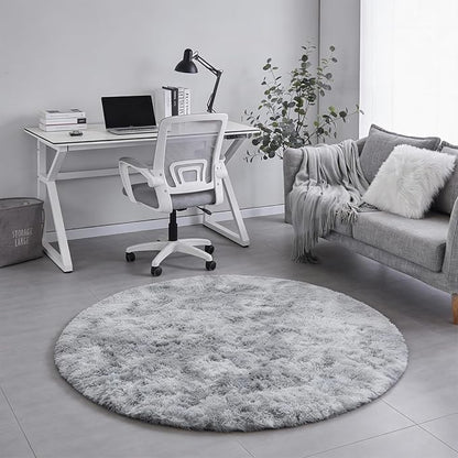 Amdrebio Tie-Dye Light Grey Round Circle Area Rugs 5Ft for Living Room Bedroom, Soft Fluffy Fuzzy Shag Rug for Kids Room Home Office, Furry Plush Indoor Floor Shaggy Gray Carpet for Baby Nursery Dorm