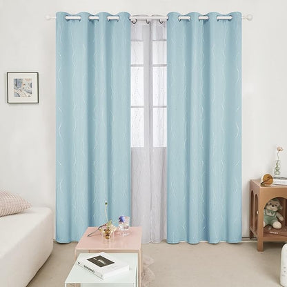 Deconovo Blackout Curtains, Thermal Insulated Soundproof Grommet Drapes, Wave Dot Foil Print, 52 x 95 Inch, Set of 2, Machine Washable Window Panel for Bedroom Living Room Nursery Kitchen, Light Blue