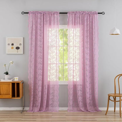 YJ YANJUN Vintage Lace Curtains 108 Inch Long-Victorian Floral Pattern Lilac Sheer Curtain Panels for Living Room Bedroom,Light Filtering, Cute Girls Drapes 2 Panels 52W x 108L Purple Blush