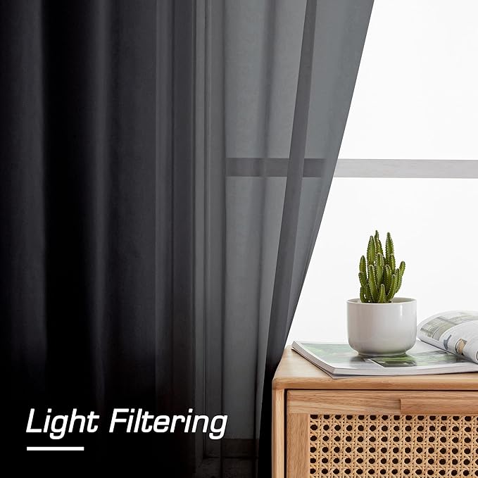 Aiyufeng Voile Sheer Black Curtains - Transparent Light Weight Soft Window Treatment Curtain Panels with Rod Pocket Top for Patio Door/Living Room (W59 x L96, 2 Panels), Black