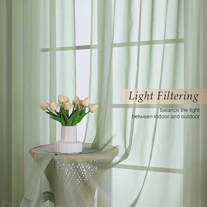 Extra Long Sage Green Sheer Curtains for Bedroom Living Room 120 Inches Long 2 Panels Set, Solid Soft Light Filtering Rod Pocket Sheer Window Curtains, Each 59" Wx120 L Inch
