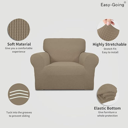 Easy-Going Stretch Chair Sofa Slipcover 1-Piece Couch Sofa Cover Furniture Protector Soft with Elastic Bottom for Kids, Pet. Spandex Jacquard Fabric Small Checks (Chair, Natural)
