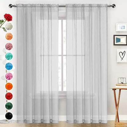 SpaceDresser Basic Rod Pocket Sheer Voile Window Curtain Panels Silver Grey 1 Pair 2 Panels 52 Width 108 Inch Long for Kitchen Bedroom Children Living Room Yard（Silver Grey, 52W x 108L）