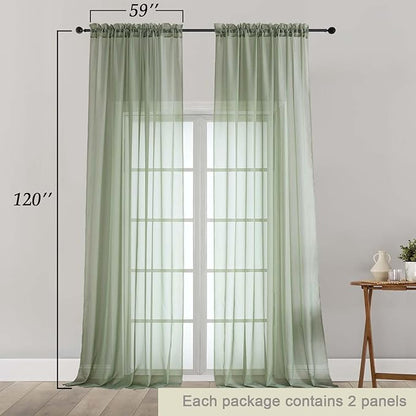 Extra Long Sage Green Sheer Curtains for Bedroom Living Room 120 Inches Long 2 Panels Set, Solid Soft Light Filtering Rod Pocket Sheer Window Curtains, Each 59" Wx120 L Inch