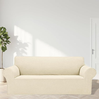 Cupuamon 2026 New Stretch Oversized Sofa Slipcovers Couch Sofa Cover for 4 Seater Furniture Protector Covers with Elastic Bottom Jacquard Fabric Small Checks for Pets, Kids - Beige