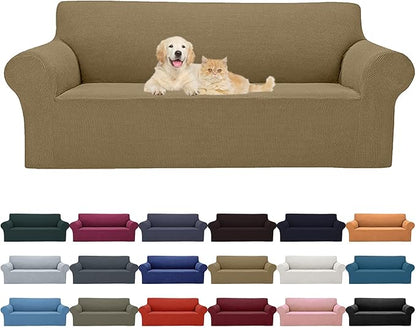 Cupuamon 2026 New Stretch Sofa Slipcovers Couch Cover for 3 Cushion Furniture Protector Sofa Covers with Elastic Bottom Jacquard Fabric Small Checks for Pets, Kids -Sofa, Tan