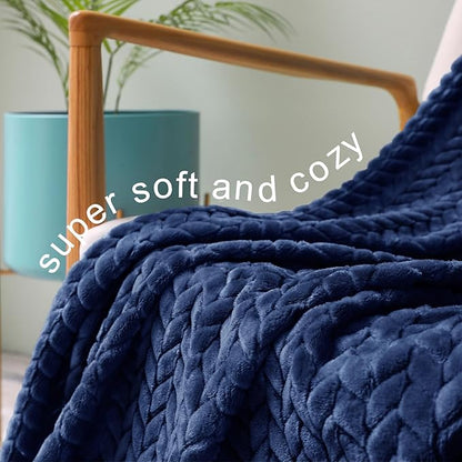 Exclusivo Mezcla Fleece Throw Blanket for Couch and Bed, 50x70 Inches Soft Cozy Jacquard Flannel Blankets, Lightweight Fuzzy Plush Warm Throws for Women, Navy Blue