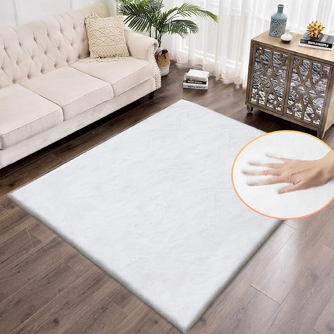 ORINOVA White Faux Fur Rug 5x8 Rugs for Living Room Shag Washable Area Rug Fuzzy Rugs for Bedroom Girl Room Decor Rectangle Rug