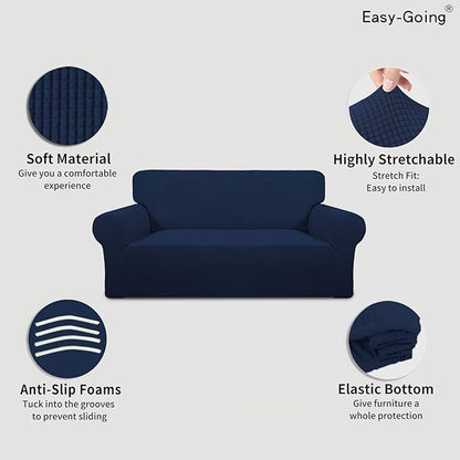 Easy-Going Stretch Oversized Loveseat Slipcover 1-Piece Sofa Cover Furniture Protector Couch Soft with Elastic Bottom for Kids Polyester Spandex Jacquard Fabric Small Checks Navy