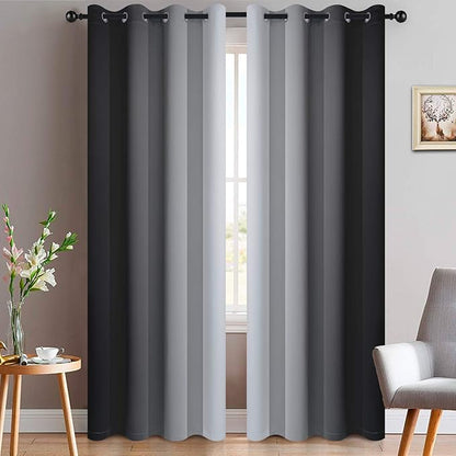 Yakamok Light Blocking Grommet Ombre Curtains,Symmetrical Gradient Color Curtains, Room Darkening Drapes for Bedroom (Black and Greyish White, 52x96 Inch, Set of 2)