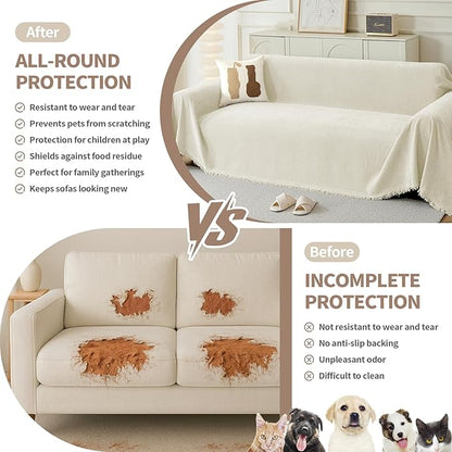 Couch Cover for Dogs, Boho Sofa Covers for 3 Cushion Couch, Chenille Sofa Slipcover for Pets Washable, L-Shape Sectional Couch Loveseat Cover Soft Throw Blankets with Tassels(91x134,Cream)