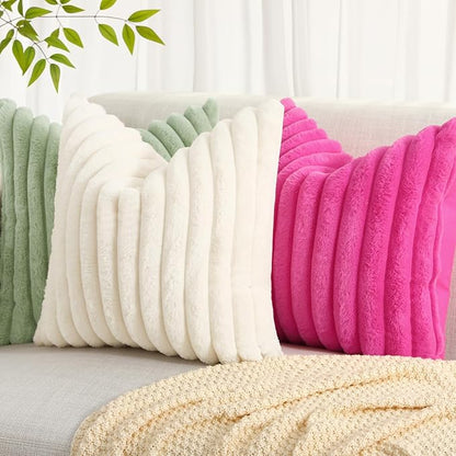 decorUhome Summer Cozy Faux Fur Throw Pillow Covers 16x16 Set of 2 Decorative Soft Plush Striped Modern Farmhouse Boho Couch Pillow Cases with Velvet Back for Sofa Bed Living Room, Sage Green