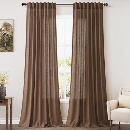 Caramel Brown Linen Curtains 120 Inch Extra Long for Living Room Back Tab Light Filtering Semi Sheer Drapes Modern Farmhouse Decor Cotton Textured Curtain for Floor to Ceiling High Window 52x120