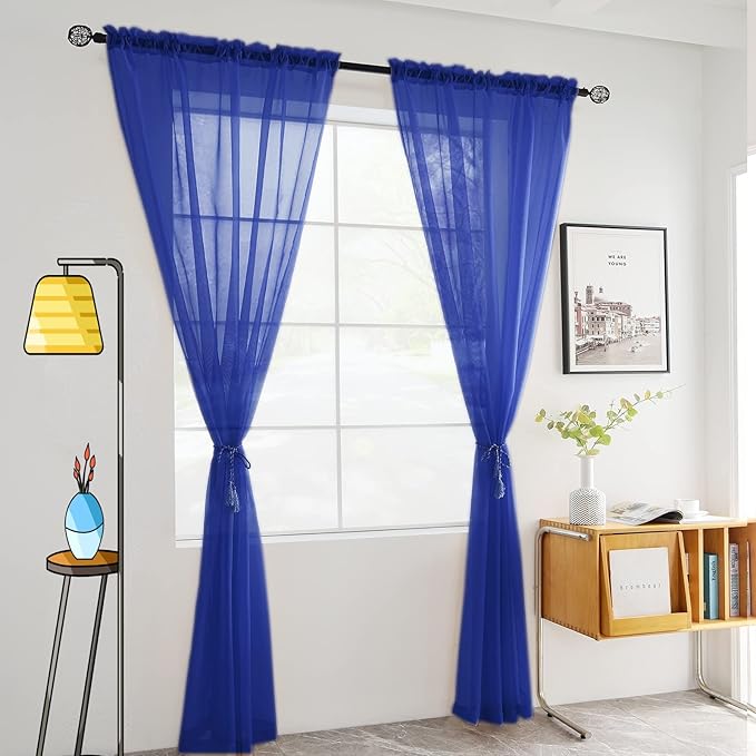 SpaceDresser Sheer Voile Window Treatment Rod Pocket Curtain Panels for Kitchen Bedroom Living Room Drapes Sunlight Filtering Privacy Semi Home Decor Assorted Colors Sizes (Sapphire, 52 W x 72 L)
