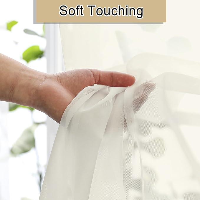 Lecloud Cream Sheer Curtains 72 Inches Long 2 Panels, Light Filtering Curtains for Living Room, Farmhouse Voile Rod Pocket Drapes for Bedroom Dinning Room, Each Panel 42 X 72 Inch