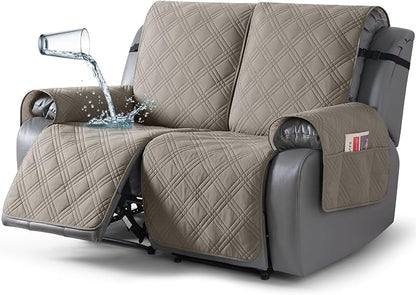 TAOCOCO 100% Waterproof Loveseat Recliner Cover, Non Slip Split Recliner Couch Cover with Elastic Straps, Washable Reclining Sofa Cover Furniture Protector for Kids, Dogs, Pets(2 Seater, Light Brown)