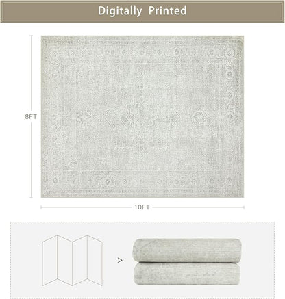 Washable Rugs 8x10 Area Rugs for Living Room,Bedroom,Dining Room- Large Ultra Soft Faux Wool Retro Carpets,Non Slip&Non-Shedding Low Pile Vintage Carpet for Home Office,Concrete Grey