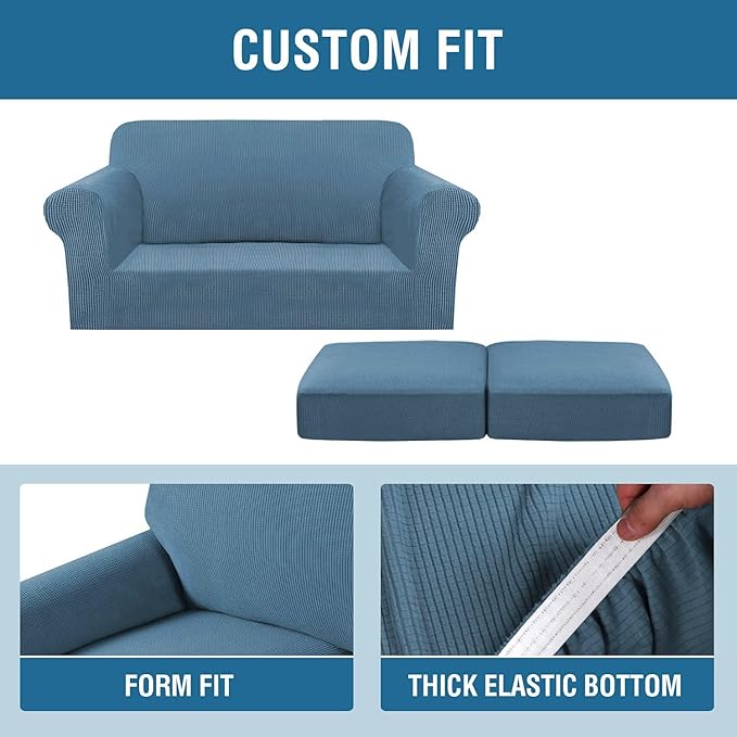 H.VERSAILTEX 3 Piece Stretch Sofa Covers for 2 Cushion Sofa Couch Covers for Living Room Furniture Cover (Base Cover Plus 2 Seat Cushion Covers) Thicker Jacquard Fabric(Large Sofa, Dusty Blue)