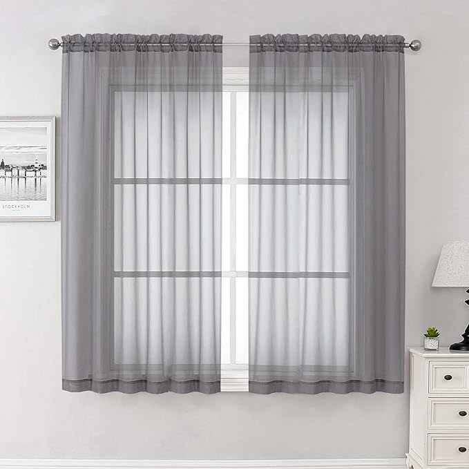 Lecloud Charcoal Grey Sheer Curtains 63 Inch Length 2 Panels, Rod Pocket Light Filtering Bedroom Curtains for Living Room, Window Treatments Voile Drapes for Bathroom, Each Panel 59" W x 63" L
