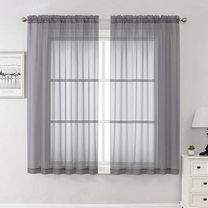 Lecloud Charcoal Grey Sheer Curtains 63 Inch Length 2 Panels, Rod Pocket Light Filtering Bedroom Curtains for Living Room, Window Treatments Voile Drapes for Bathroom, Each Panel 59" W x 63" L