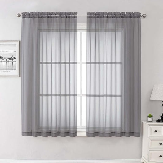 Lecloud Charcoal Grey Sheer Curtains 63 Inch Length 2 Panels, Rod Pocket Light Filtering Bedroom Curtains for Living Room, Window Treatments Voile Drapes for Bathroom, Each Panel 59" W x 63" L