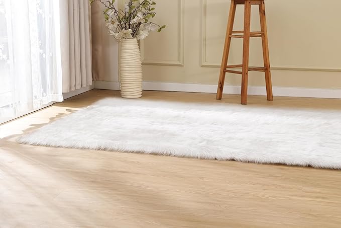 ORINOVA White Shag Washable Area Rugs for Living Room Faux Sheepskin Fuzzy Fur Rug for Bedroom Nursery Rug 3x5 Teen Room Décor Boho