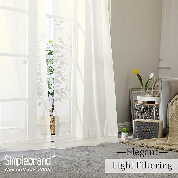 Simplebrand Ivory Sheer Curtains, 63" Length, 2 Panels Set - Light Filtering, Rod Pocket Window Curtains for Bedroom (Ivory, 59" W x 63" L)