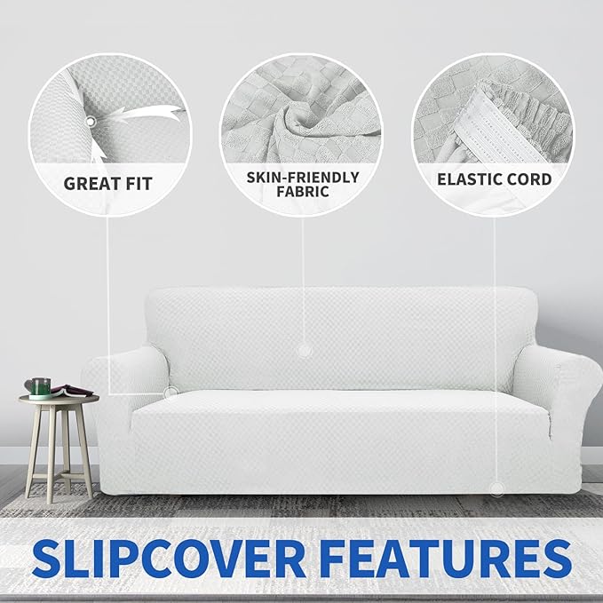 ZNSAYOTX 1 Piece Jacquard Couch Covers for 3 Cushion Couch Living Room High Stretch Sofa Cover Pets Dogs Friendly Anti Slip Thickened Slipcovers Furniture Protector (Large, White)