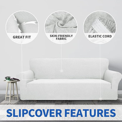 ZNSAYOTX 1 Piece Jacquard Couch Covers for 3 Cushion Couch Living Room High Stretch Sofa Cover Pets Dogs Friendly Anti Slip Thickened Slipcovers Furniture Protector (Large, White)