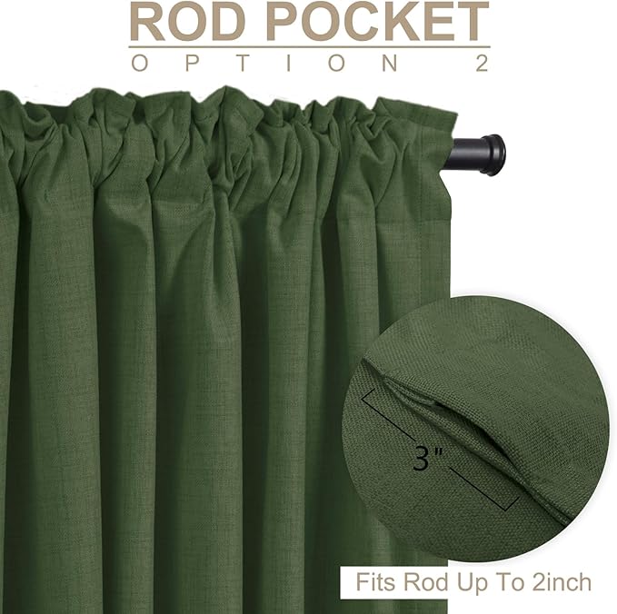 100% Blackout Shield Linen Blackout Curtains for Bedroom 102 Inches Long, Back Tab/Rod Pocket Living Room Drapes, Thermal Insulated Blackout Curtains 2 Panels Set, 50" W x 102" L, Moss Green