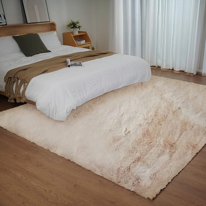 Ghouse Beige 8x10 Area Rug Fluffy Faux Rabbit Fur Rug Beige Rug Plush Fuzzy Shag Rug for Living Room, Bedroom, Playing Room, Nursery Room