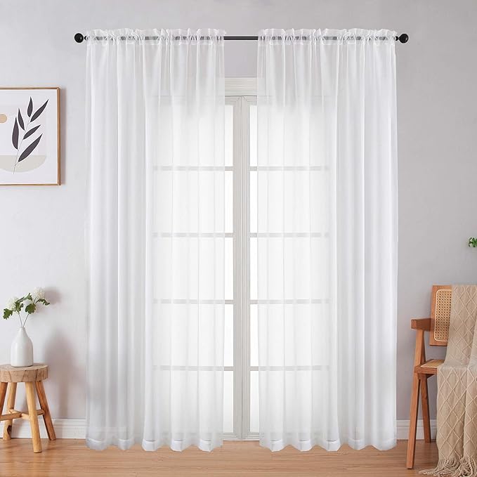 White Sheer Curtains 84 Inches Long 2 Panels Set for Bedroom Living Room, Soft Airy Light Filtering Modern Solid Rod Pocket Drapes Window Treatments, White, Each 59" W x 84" L