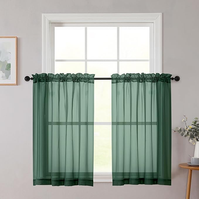 Cafe Curtains 36 Inch Length Tier 2 Pieces, Modern Soft Airy Sheer Kitchen Short Curtains for Small Window, Rod Pocket Small Curtain for Bathroom Basement, Hunter Green, Each, 42"Wx36"L Inch