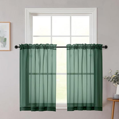 Cafe Curtains 36 Inch Length Tier 2 Pieces, Modern Soft Airy Sheer Kitchen Short Curtains for Small Window, Rod Pocket Small Curtain for Bathroom Basement, Hunter Green, Each, 42"Wx36"L Inch