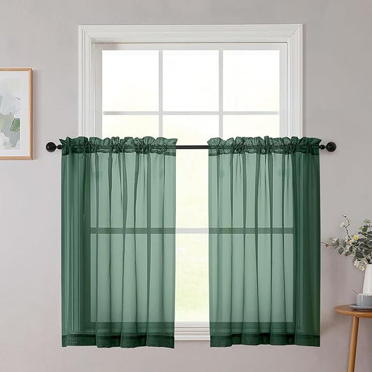 Cafe Curtains 36 Inch Length Tier 2 Pieces, Modern Soft Airy Sheer Kitchen Short Curtains for Small Window, Rod Pocket Small Curtain for Bathroom Basement, Hunter Green, Each, 42"Wx36"L Inch